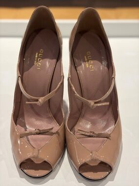 Authentic Gucci Patent Leather Peep-Toe Heels in Nude